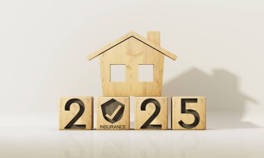 Wooden house model atop new year 2025 insurance blocks, symbolizing security, stability, and future planning for homeowners. A minimal and natural-themed design. 3d rendering. clipart