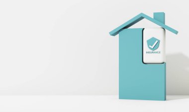 Modern turquoise house structure with a white insurance block featuring a checkmark icon, symbolizing home security, trust, and protection. A clean and contemporary design. 3d rendering. clipart