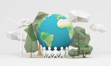 Küresel birlik ve sürdürülebilirliğin, Dünya, ağaçlar, rüzgar türbinleri ve çevre dostu işbirliğini destekleyen bağlantılı figürlerin gösterimi. 3d oluşturma.