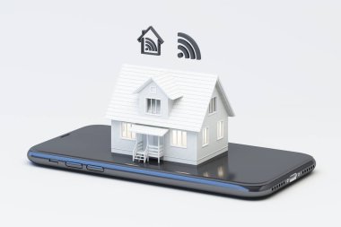 Akıllı ev konsepti illüstrasyonu: İçeriden aydınlatılmış bir ev modeli, modern teknoloji vasıtasıyla uzaktan kumandayı ve kusursuz bağlantıyı sembolize eden parlak bir siyah akıllı telefon üzerinde oturur. 3d oluşturma.