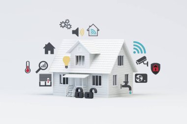 Otomasyon, güvenlik ve enerji verimliliği çözümlerini temsil eden çeşitli simgelere sahip modern bir evi içeren akıllı ev teknolojisi kavramı. 3d oluşturma.