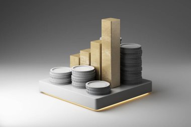 Altın ve gümüş çizelgeler, parlak bir platformun üzerine istiflenmiş paralar. Modern ve gelecekçi bir ortamda finansal büyümenin, yatırımın ve ekonominin lüks bir temsili. 3d oluşturma