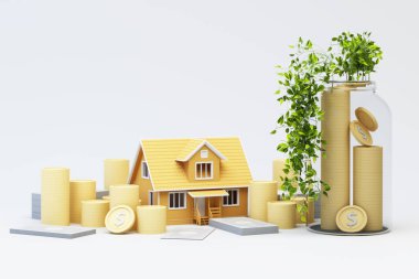 Altın paralarla çevrili modern bir ev gayrimenkul yatırımını sembolize eder. Yığınla bozuk para ve yeşil bitkilerle dolu cam bir kavanoz mali büyüme ve servet birikimini temsil ediyor. 3d oluşturma