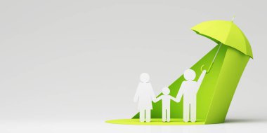 Finansal destek artarken elinde şemsiyeyle yeşil bir yüzey üzerinde duran beyaz bir aile figürü, güvenlik ve ekonomik büyümeyi simgeliyor. 3d oluşturma.