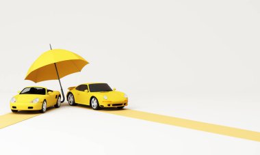 Büyük sarı bir şemsiye altında iki sarı spor araba, araç sigortası ve araçlar için finansal güvenliği temsil ediyor. 3d oluşturma.