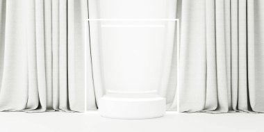 Beyaz podyum örtülü perdelere ve ışıldayan çerçeveye karşı yumuşak ve zarif bir görsel atmosfer yaratıyor. 3d oluşturma.