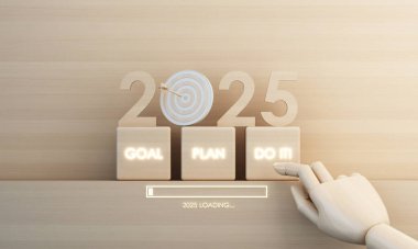 Tahta bloklar 2025 'i hedef, plan ve eylem istekleriyle gösteriyor. Başlamaya hazır bir parmak ilerlemek için bağlılığı simgeler. 3d oluşturma.