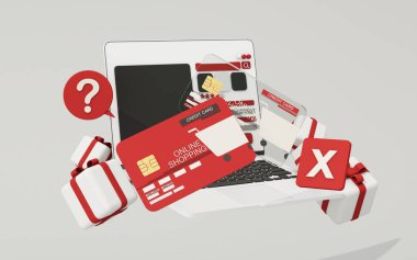 Laptop ekranında birden fazla kredi kartı ve uyarı levhası alışveriş sırasında online dolandırıcılık riskini vurguluyor. 3d oluşturma.