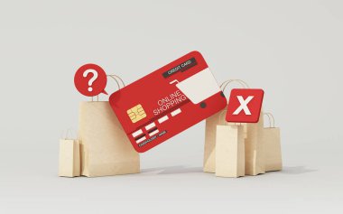 Kredi kartı, soru balonu ve alışveriş torbaları arasında reddedilme işareti içeren çevrimiçi alışveriş tehlikesi kavramı. 3d oluşturma.