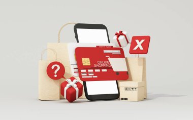 Hediye ve paketlerin yakınındaki kredi kartı, soru işareti ve uyarı işaretleriyle temsil edilen mobil alışveriş sorunları. 3d oluşturma.