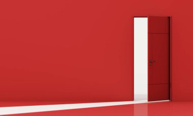 Açık kırmızı kapı koyu kırmızı bir alanda duruyor, değişimi, gizemi ve dönüşümü minimum karşıtlık ve sembolik ışıkla davet ediyor. 3d oluşturma.