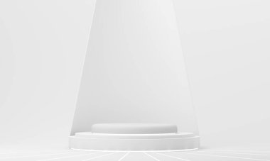 Sahne ışıkları altında minimum beyaz podyum, lüks kozmetik ürünleri veya zarif güzellik ürünlerini temiz bir ortamda sergilemek için ideal. 3d oluşturma