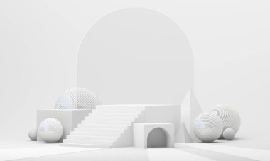 Büyük ekran sahnesi, kemerli tünel ve katmanlı basamaklar üst düzey kozmetik ürünleri yerleştirmek ya da markalaştırmak için mükemmel. 3d oluşturma.