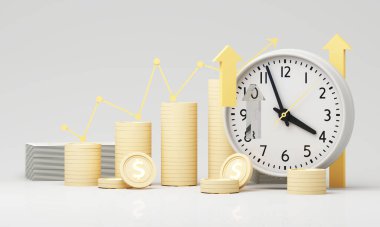 Saatin arkasındaki bozuk paralar ve büyüyen oklar zamanla artan zenginliği, gelir artışını ve bileşik faizi temsil ediyor. 3d oluşturma.