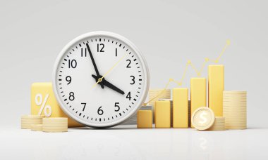 Yükselen bar tablosu, bozuk paralar ve dolar sembolleri olan bir saat, uzun vadeli yatırım getirilerini ve finansal planlamayı yansıtır. 3d oluşturma.