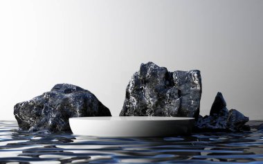 Beyaz podyum, keskin siyah kayalar ve mavi karınlı suyun ortasında yer alır ve modern tasarımda çarpıcı bir kontrastı oluşturur. 3d oluşturma.