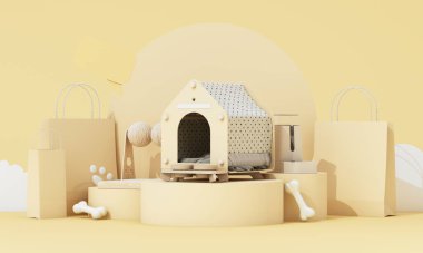 Alışveriş torbaları, oyuncaklar ve kemikler ile sergilenen rahat bir evcil hayvan evi yumuşak sarı bir sahnede sevgili hayvanlar için sıcak ve davetkar bir ortam yaratıyor. 3d oluşturma.