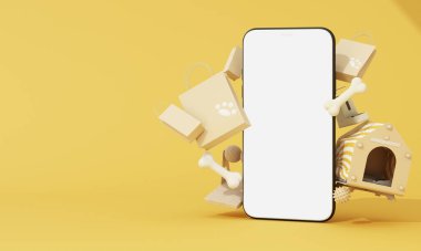 Samimi köpek kulübesi ve aksesuarları olan yumuşak pastel renkli bir evcil hayvan dükkanı sahnesi. Evcil hayvan severler için mobil alışveriş. 3d oluşturma.