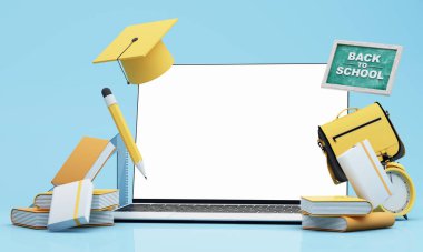 Okul malzemeleriyle çevrili bir dizüstü bilgisayar, yaratıcı, teknoloji destekli bir ortamda online öğrenime ve evde eğitime geçişi vurguluyor. 3d karikatür biçimi