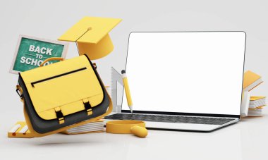 Klasik okul eşyalarıyla donatılmış bir dizüstü bilgisayar konforu, iyi donanımlı bir ev öğrenme alanını temsil ediyor, online ya da ev okulu platformlarında çalışmak için mükemmel. 3d karikatür biçimi