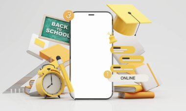 Uzaktan eğitimin, çevrimiçi derslerin ve dijital ev okulu deneyimlerinin özünü yakalayan yüzen mesajlar ve okul araçlarıyla dolu bir akıllı telefon. 3d karikatür biçimi