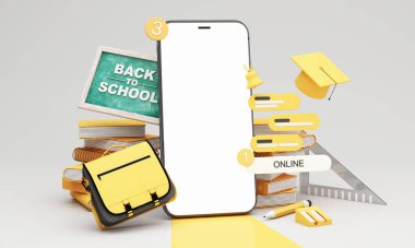 Kitaplar, sohbet baloncukları ve akıllı telefon öğrencilerin çevrimiçi öğrenme, uzaklık derslerine ve dijital ilişki yoluyla evde eğitime nasıl sarıldığını vurguluyor. 3d karikatür biçimi