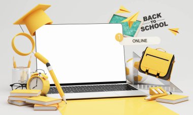 Hareket halindeki dizüstü bilgisayar, başlık ve okul araçları, ev konforunu dijital okula hazırlık ile birleştirerek çevrimiçi öğrenmenin yaratıcılığını ve esnekliğini ifade ediyor. 3d karikatür biçimi