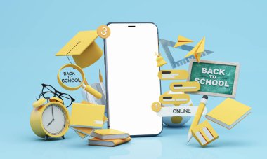 Bu renkli tasarım, dijital eğitim yılının eğlenceli başlangıcını evde eğitim, çevrimiçi platformlar ve bağlı öğrenme araçlarıyla yansıtıyor. 3d karikatür biçimi