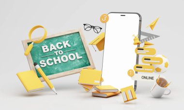 Eğlenceli okul simgeleri ve akıllı telefon uyarıları çevrimiçi sınıfların interaktif dünyasını, uzaktan eğitimi ve yaratıcı ev okulu rutinlerini görselleştirir. 3d karikatür biçimi
