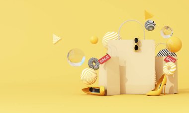 Alışveriş torbaları, yüksek topuklu ayakkabılar ve soyut şekilli sarı bir zemin üzerinde satış etiketleri. Çevrimiçi perakende satış için göz alıcı bir düzen. 3d oluşturma.