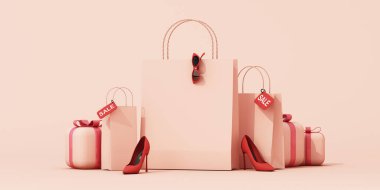 Kırmızı topuklu yumuşak pembe alışveriş torbaları ve kurdeleli hediyelerle eşleştirilmiş satış etiketleri. Moda ya da sevgililer günü terfileri için mükemmel bir ton. 3d oluşturma.