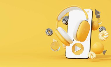 Akıllı telefonlu kablosuz kulaklıklar ve sarı arka planda üç boyutlu kürelerle çevrili bir ikon çal. Modern ses akışı teması. 3d oluşturma