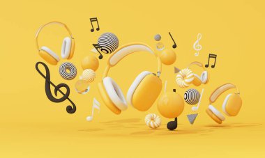Canlı sarı bir zemin üzerinde müzik sembolleri ve 3 boyutlu küreler olan bir grup sarı kulaklık. Sanatsal ses yaşam tarzı konsepti. 3d oluşturma
