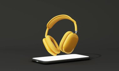 Stil sarı kulaklıklar, arka planda beyaz ekran ile akıllı telefonun üzerinde yüzüyor. Müzik akışı için en iyi 3D tasarım. 3d oluşturma