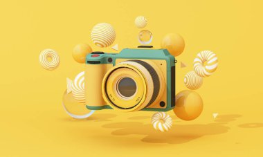 Dinamik küresel ve spiral elementlerle çevrili renkli bir kameranın üç boyutlu çizimi. Parlak ve neşeli bir tema. 3d oluşturma.