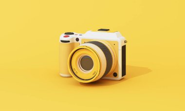 Pürüzsüz sarı bir arkaplanda kompakt dijital kameranın minimum yakın plan üç boyutlu görüntüsü. Teknoloji ve ürün temaları için ideal. 3d oluşturma.
