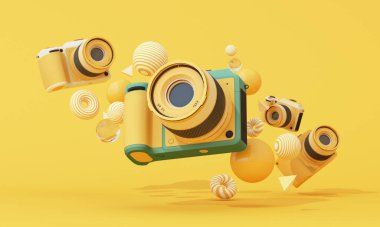 Soyut sarı ve beyaz elementler arasında uçan çok boyutlu kameralar yaratıcılığı ve hareket halindeki görsel medyayı temsil ediyor. 3d oluşturma.