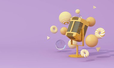 Menekşe arkaplanda soyut kürelerle çevrili bir retro mikrofon. 3d oluşturma.