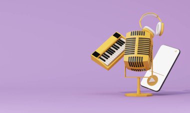 Stilize mikrofon ve akıllı telefon arayüzlü enstrümanlar, müzik akışı konsepti. 3d oluşturma.
