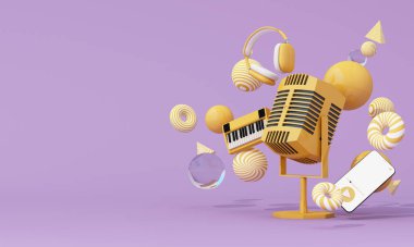 Mikrofon, klavye ve kulaklıklar canlı bir müzik sahnesinde birlikte yüzüyorlar. 3d oluşturma.