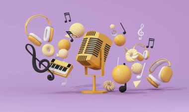 Retro mikrofon, müzik notaları ve kulaklıklar yaratıcı bir ses konsepti oluşturuyor. 3d oluşturma.