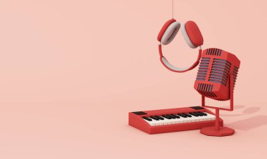 Pastel arka planda minimalist kırmızı mikrofon, klavye ve kulaklık. 3d oluşturma.