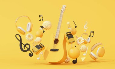Canlı sarı arka planda müzik notaları, kulaklıklar ve ses pedallarıyla süzülen sarı gitar. Müzik festivalleri ya da ses markaları için harika. 3d oluşturma.