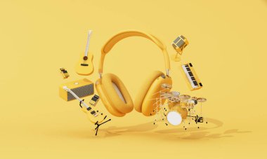 Sarı yüzen kulaklıklar bateri, gitar, amfi, mikrofon ve klavye gibi çeşitli müzik aletleriyle çevrili. Müzik ilhamı 3d oluşturma