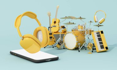Sarı müzik aletleri ve kulaklıklı akıllı telefon. Yeşil arka planda, mobil müzik uygulamalarını temsil eden soyut yüzen kompozisyon. 3d oluşturma