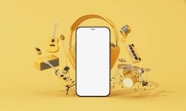 Açık ekran ve sarı enstrümanlı akıllı telefonun minimalist 3D yorumlanması, müzik uygulamaları, podcastlar ve yayın platformları için idealdir. 3d oluşturma