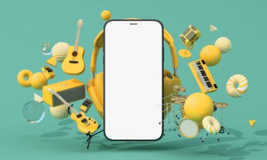 Dinamik 3D müzik sahnesi, sarı akıllı telefon ve canlı sarı arka planda yüzen müzik enstrümanları dijital müzik pazarlaması için mükemmel. 3d oluşturma