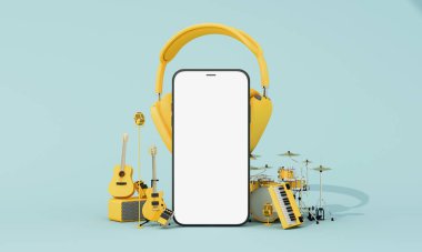 Davullar, klavyeler, gitarlar ve kulaklıklar da dahil olmak üzere sarı müzik ekipmanları, modern müzik deneyimini sembolize ediyor. 3d oluşturma