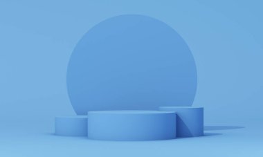 Soyut küreler ve şekiller etrafında yüzen katı mavi podyum, basit ama dinamik bir kompozisyon. 3d oluşturma