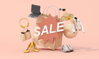 İçinde kalın bir satış tabelası, kulaklık, güneş gözlüğü, dizüstü bilgisayar, ayakkabı ve şık moda parçalarının bulunduğu, dinamik bir tanıtımın göstergesi olan büyük bir alışveriş çantası. 3d hazırlayıcı